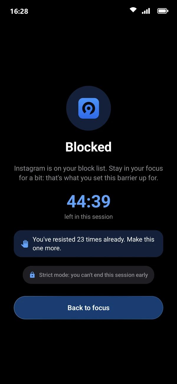 The Moat block screen: Instagram is on your block list, 44:39 left in this session, you resisted 23 times already, and a button Back to focus.