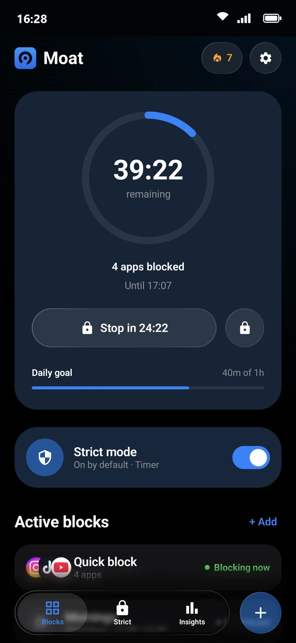 A running focus session in Moat: 39:22 remaining, 4 apps blocked until 17:07, and strict mode on.